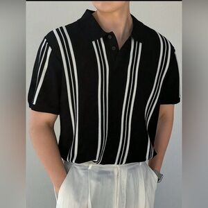 Black and White Striped Men's Polo Shirt